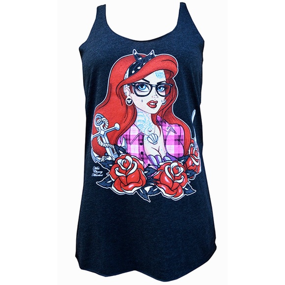 Tattooed Mermaid Custom Tattooed Ariel Black Racerback Tank Top S-M-L-XL-XXL NWT - Picture 2 of 4